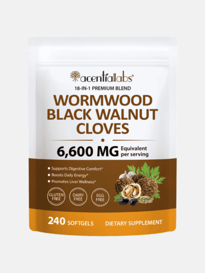 Wormwood Black Walnut Cloves Softgels front pouch, Acentialabs, UK