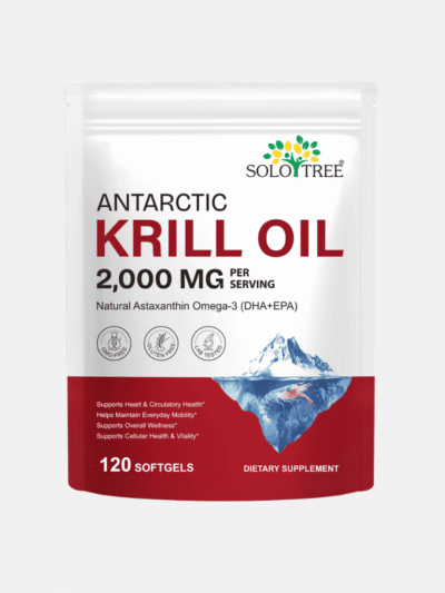 SoloTree Antarctic Krill Oil 2000mg softgels pouch front view, 120 count, UK