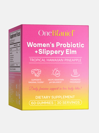 Women's Probiotic Gummies with Slippery Elm box front, tropical pineapple flavour, EE Biotics UK