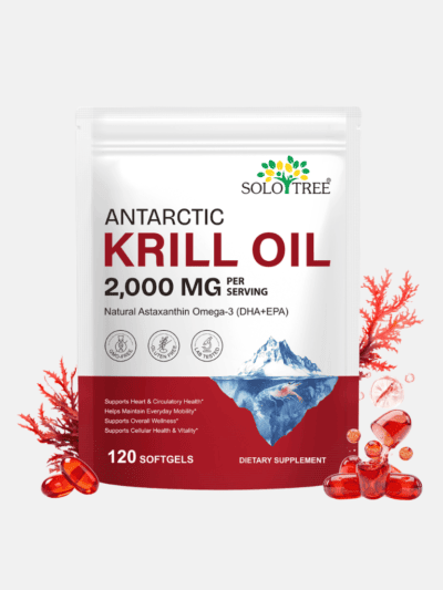 SoloTree Antarctic Krill Oil purity and quality graphic with ship and mountain backdrop, UK