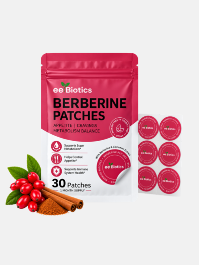 EE Biotics Berberine Patches pouch, patch sheet and botanical ingredients UK