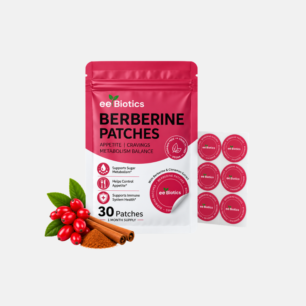 EE Biotics Berberine Patches pouch, patch sheet and botanical ingredients UK