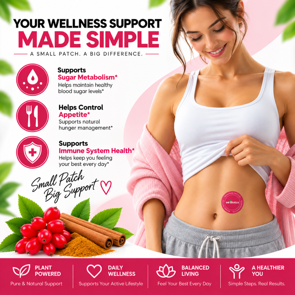 Woman wearing EE Biotics Berberine Patch on abdomen in lifestyle setting