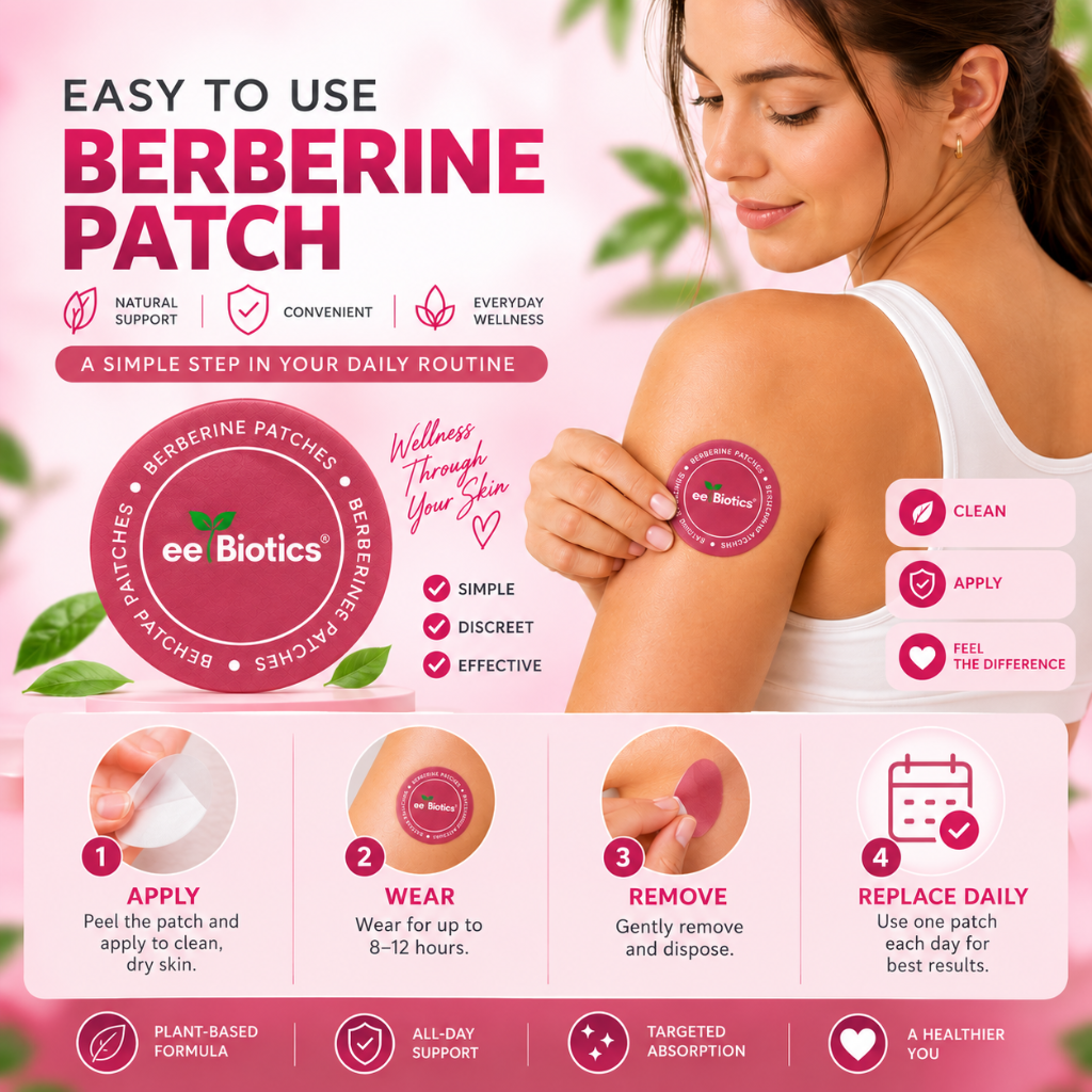 Woman applying EE Biotics Berberine Patch to upper arm with daily use steps